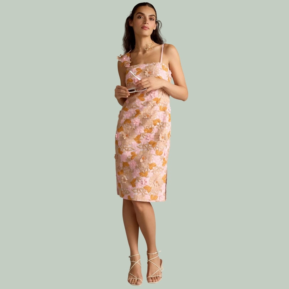 By Anthropologie Pink Floral Applique Asymmetrical Cocktail Dress Size 8 NEW